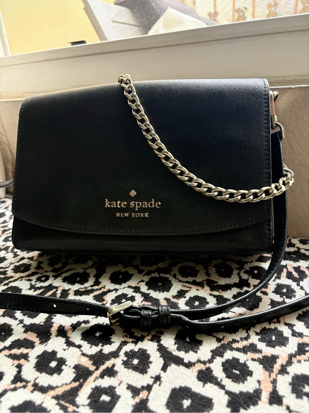 kate spade Black Leather Crossbody with Silver Chain